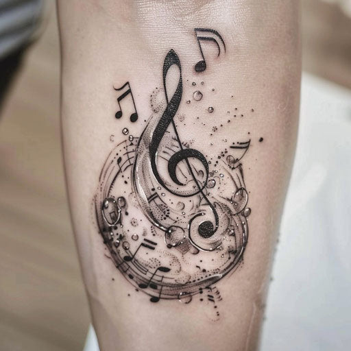Tattoo of music notes and clefs in dreamy, translucent bubbles floating on a white canvas