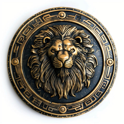 Spartan shield with lion head in golden hues on white