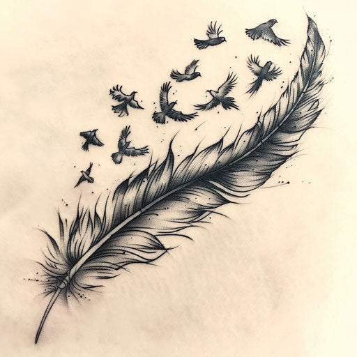 Feather transforming into birds, symbolizing freedom and travel