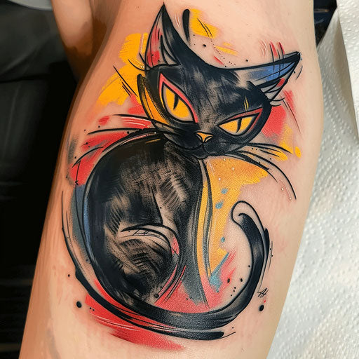 Abstract expressionist black cat tattoo on white canvas