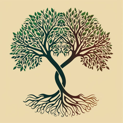 Interlaced family trees symbolizing marriage in green and brown