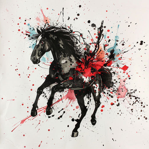 Dark horse emerging from paint splatters