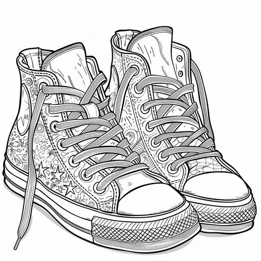 A stylish pair of sneakers with intricate patterns. Coloring book page
