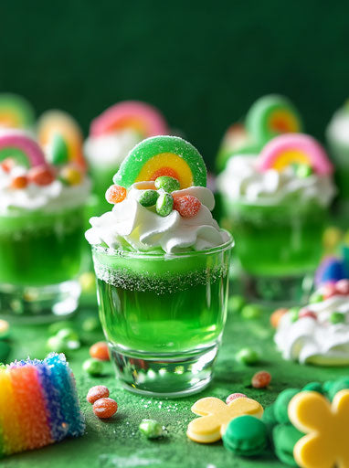 Saint Patrick's Day jello shots with whipped cream and candy
