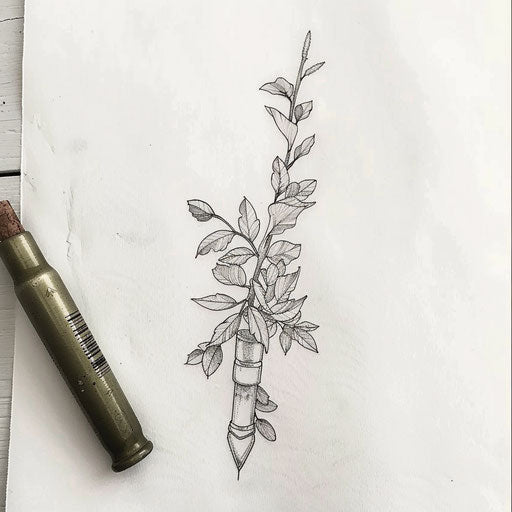 Flat tattoo sketch of a bullet transforming into a branch with leaves