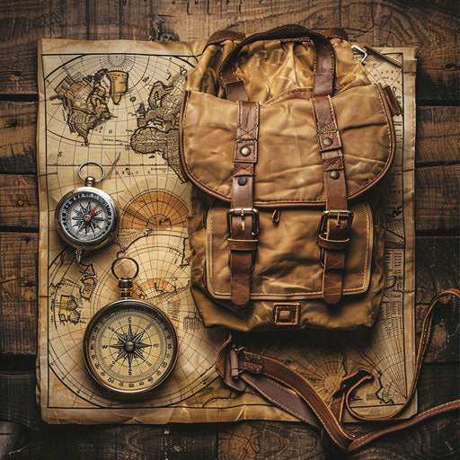 Backpack, map, and compass ready for adventure