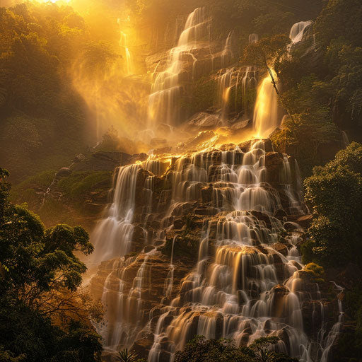 Dudh Sagar Waterfalls with golden light and cascading water