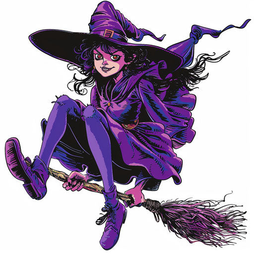 Mischievous witch cartoon-style riding broom