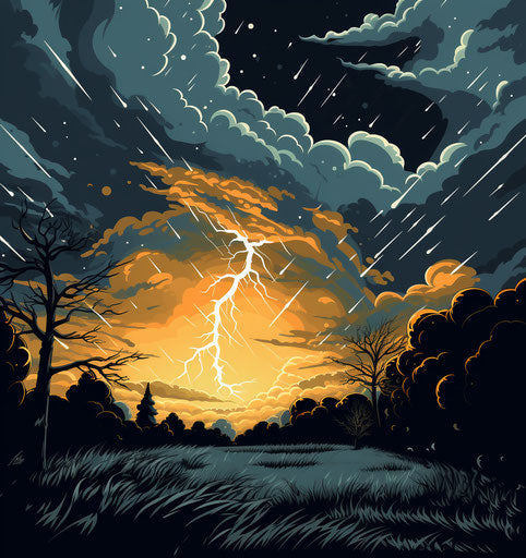 Storm clouds and lightning in retro black, comic/cartoon style, soggy 15:16
