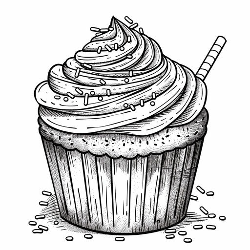 Cupcake with sprinkles. Coloring book page