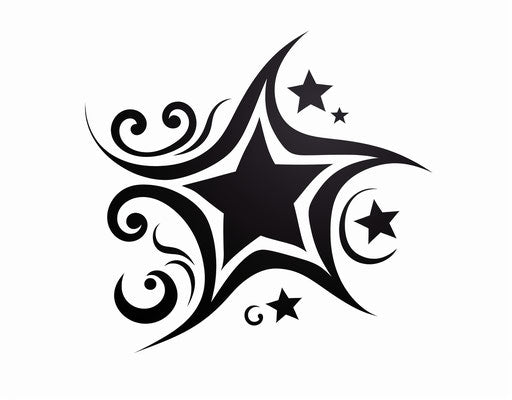 Black tattoo with stars, exuberant, sculpted, perceptive style