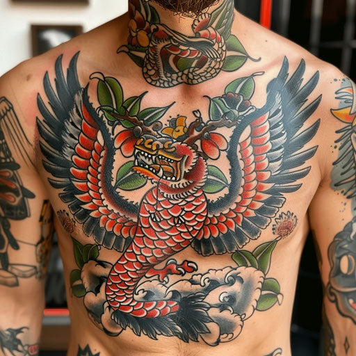 Red tattoos with classic Americana, Ed Hardy style