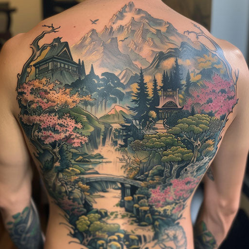 Fantasy landscape tattoo cover up in the style of David Palumbo