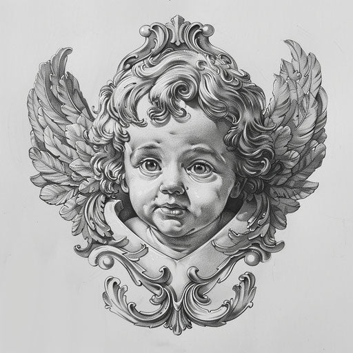 Renaissance-inspired cherub tattoo design on white canvas