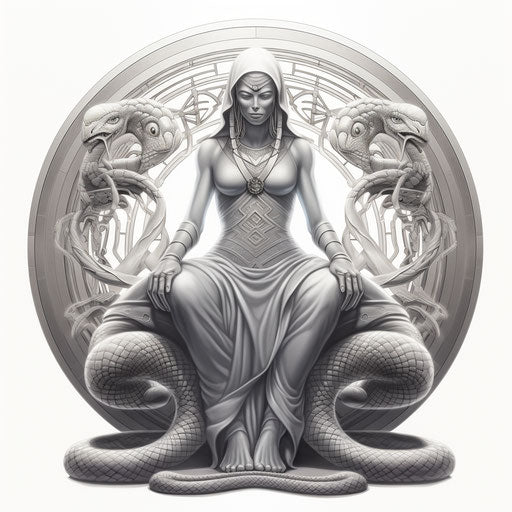 Egyptian statue and two snakes, mystic silver and white