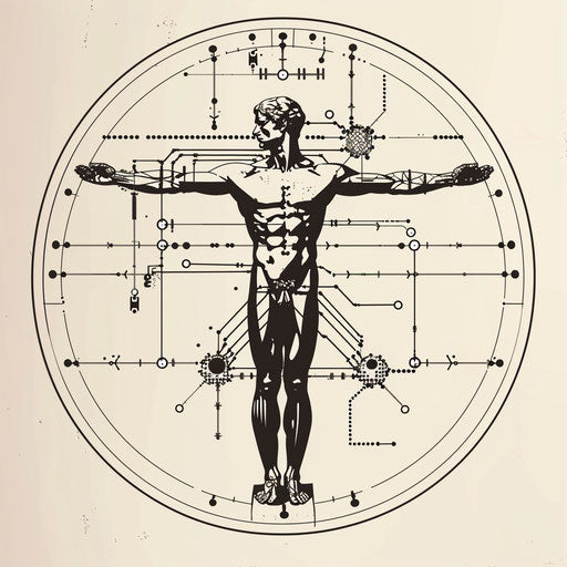 Dynamic sketch of the Vitruvian Man with electric circuits integrated into the limbs, symbolizing technology, in a sleek clipart style