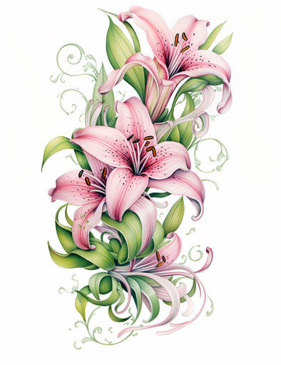 Tattoo design with pink lilies and vines, realistic style