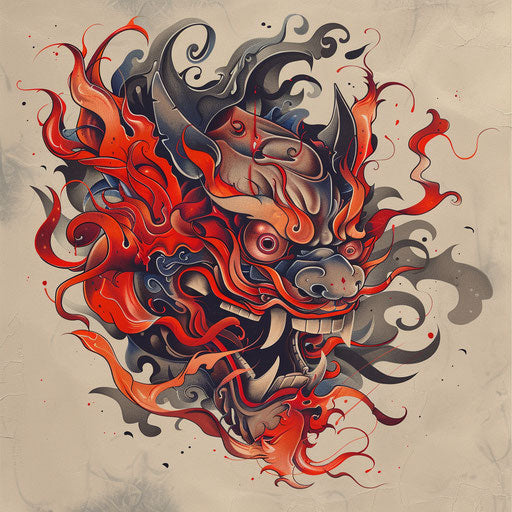 Dynamic tattoo sketch of a Hannya mask with swirling, fiery breath