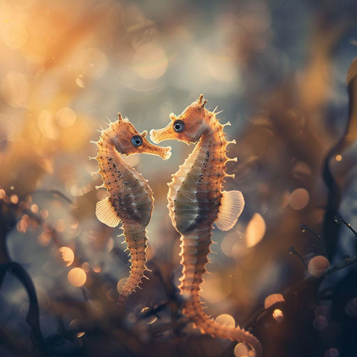 Seahorses with young under a soft light, heartwarming moment