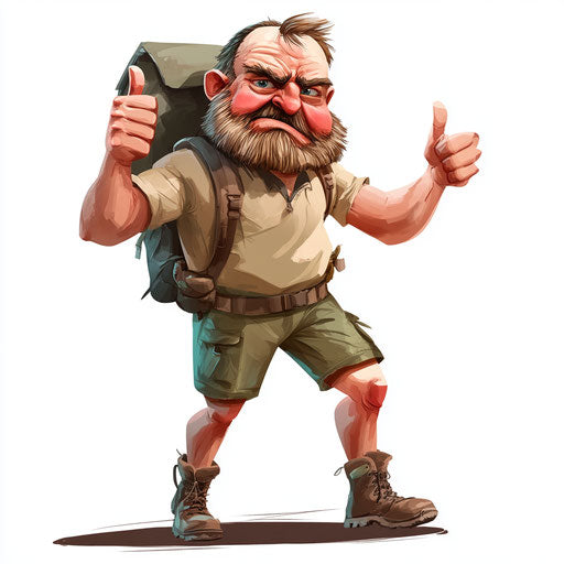 Humorous caricature of a hiking caricature clipart with human characteristics, exaggerated rosy cheeks, muscular legs, waving, vibrant colors, cartoon style, thumbs down, high-resolution, no background, isolated