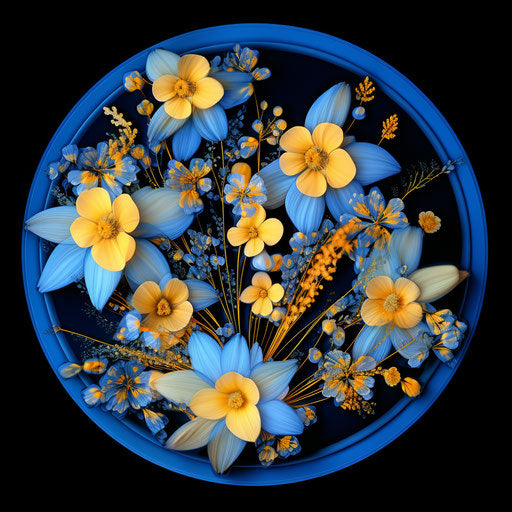 Blue and yellow flowers in a round circle, sabattier style filter