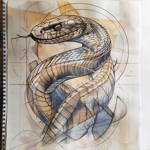 Dynamic cobra tattoo sketch with art deco style and metallic inks