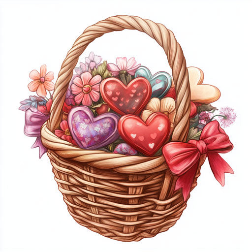 Basket full of Valentine's Day hearts, flowers, and bows