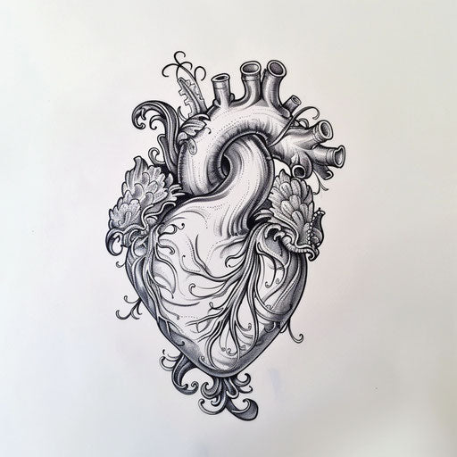 Art Nouveau inspired anatomical heart tattoo