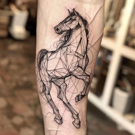 Dynamic flat tattoo sketch of a jumping horse
