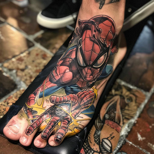 Foot tattoos in the style of Steve McNiven with a comic book style