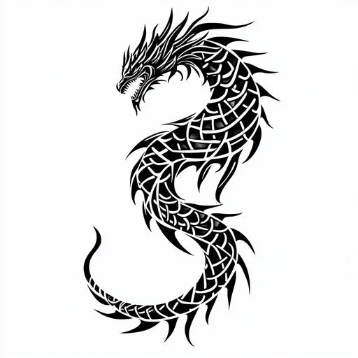 Flat tattoo sketch of tribal dragon with sharp geometric scales in black ink on white background