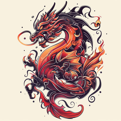Clipart style for a dotwork tattoo of a fierce dragon with swirling flames and detailed scales, red and orange hues