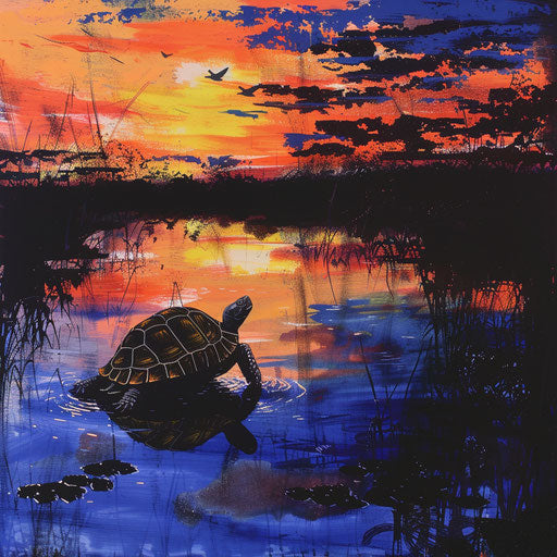 Texas tortoise by pond at twilight