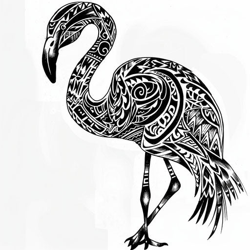 Polynesian style flamingo tattoo design with tribal patterns and shapes, on a white background
