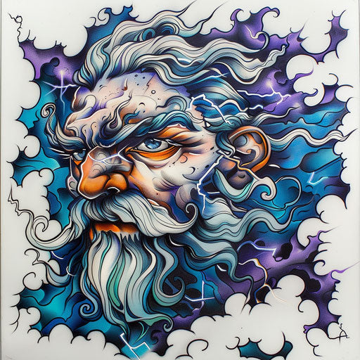 Zeus with lightning eyes in storm cloud, neo-traditional tattoo