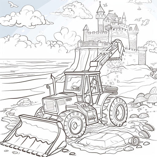 Bulldozer builds sandcastle on beach