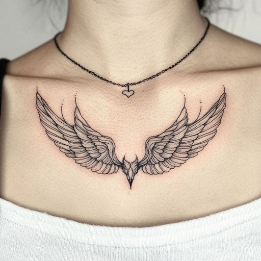 Symmetrical wings sternum tattoo sketch for women