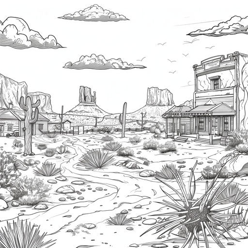 Desert with old cowboy town and tumbleweeds