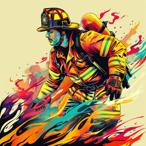 Heroic firefighter in action, colorful tattoo style