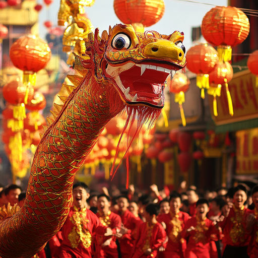 Vibrant Chinese New Year celebration with large snake dance