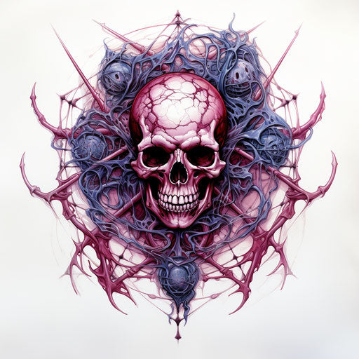 Men's skull and web tattoo design, maroon and indigo style