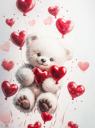 Adorable teddy bear with heart balloons