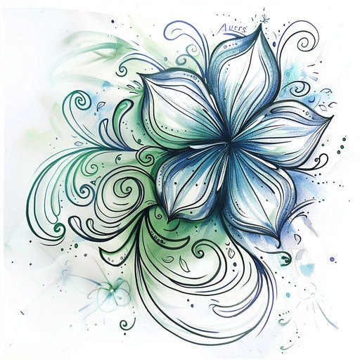 Dynamic sketch of a 4 leaf clover with swirling wind elements in cool tones