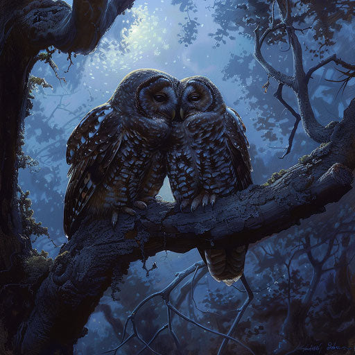 Two northern spotted owls on a gnarled tree branch
