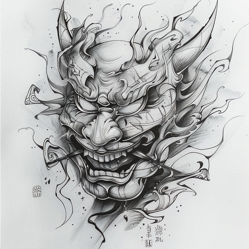 Flat tattoo sketch of a Hannya mask with elegant calligraphy