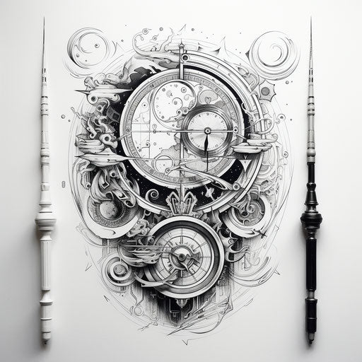 Cosmic drawing in black, silver, and gray on white surface