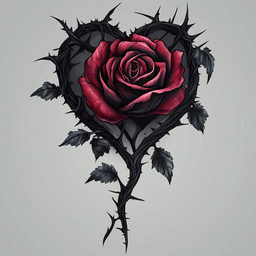 Black rose with thorns in heart shape, red and pink colors