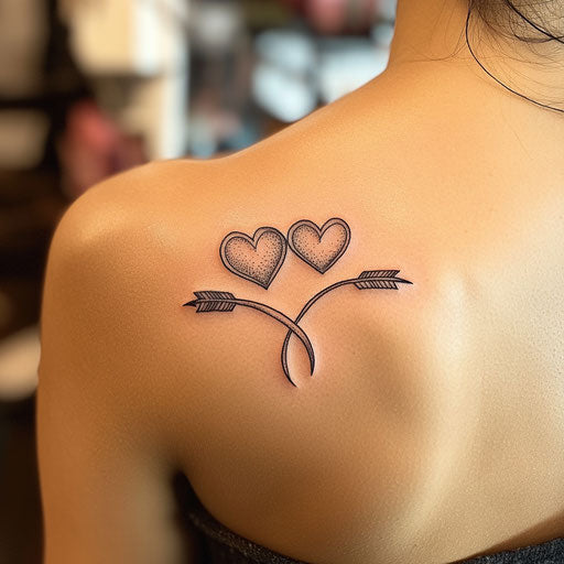 Mother and son tattoos with intertwined hearts and arrows