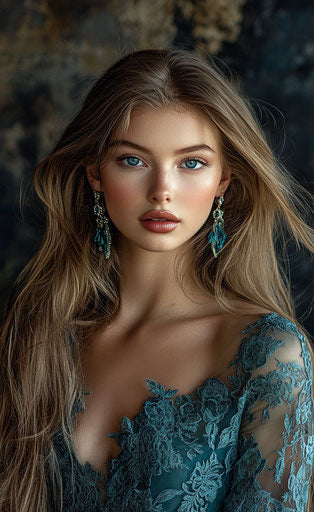 Gorgeous model with long hair and blue eyes in teal lace dress
