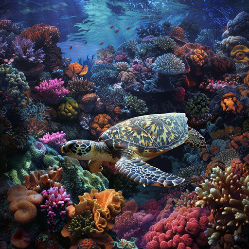 A sea turtle exploring a vibrant coral garden in the style of Simen Johan